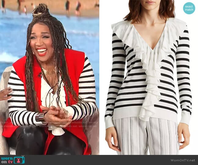 Striped Ruffled Cardigan by Lauren Ralph Lauren worn by Kym Whitley on E! News