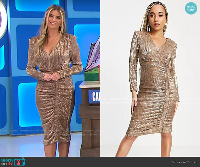 Lavish Alice Long Sleeve Sequin Midi Dress in Gold worn by Amber Lancaster on The Price is Right