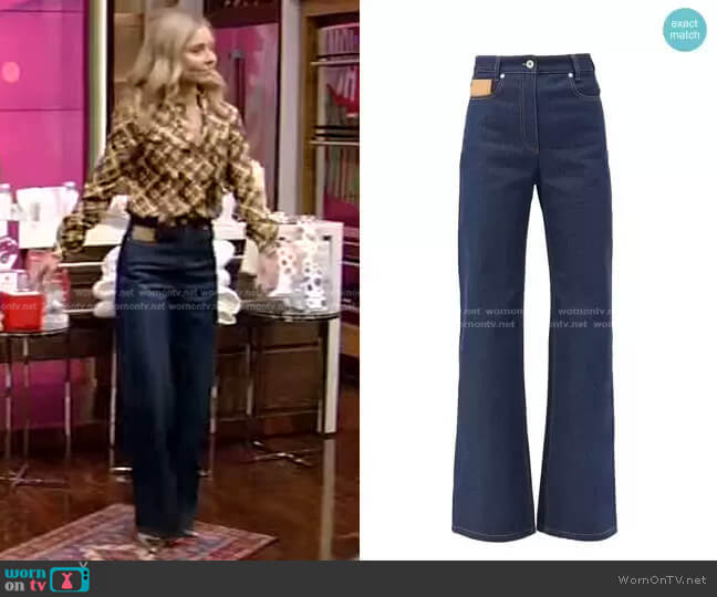 Leather-Patch High-Rise Flared Jeans by Paco Rabanne worn by Kelly Ripa on Live with Kelly and Mark