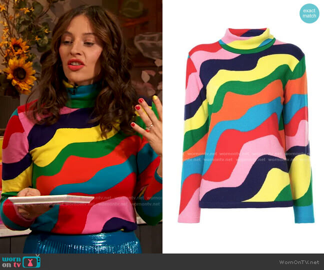 Rainbow Wavy Stripe Turtleneck Sweater by Mira Mikati worn by Amirah Kassem on The Drew Barrymore Show worn by Drew Barrymore  on The Drew Barrymore Show