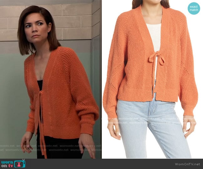 Eastdale Tie Front Cardigan Sweater by Madewell worn by Elizabeth Webber (Rebecca Herbst) on General Hospital