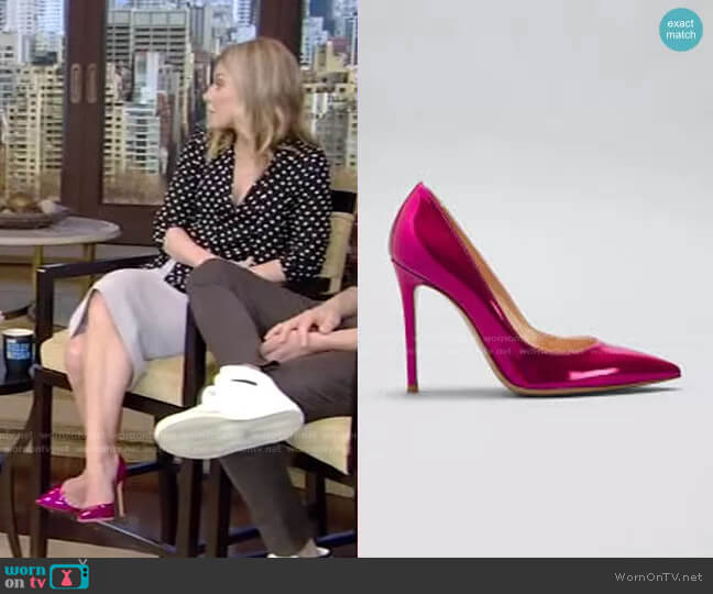 Mirror Calfskin Stiletto Pumps by Gianvito Rossi worn by Kelly Ripa on Live with Kelly and Mark