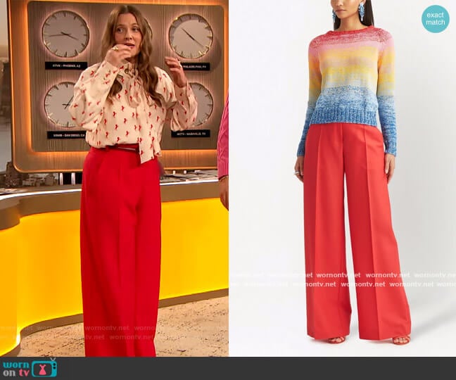 High waisted press-crease trousers by Oscar de la Renta worn by Drew Barrymore on The Drew Barrymore Show