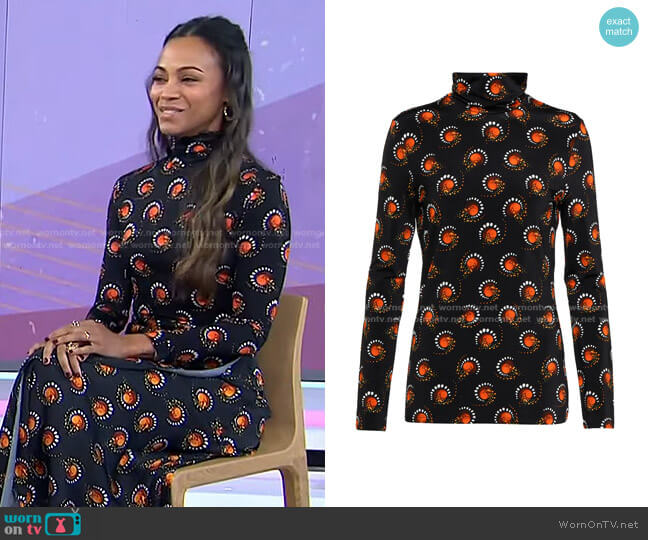 Printed Turtleneck Top by Paco Rabanne worn by Zoe Saldana on Today