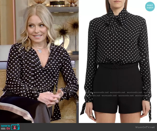 WornOnTV: Kelly’s black polka dot blouse and side stripe pants on Live ...