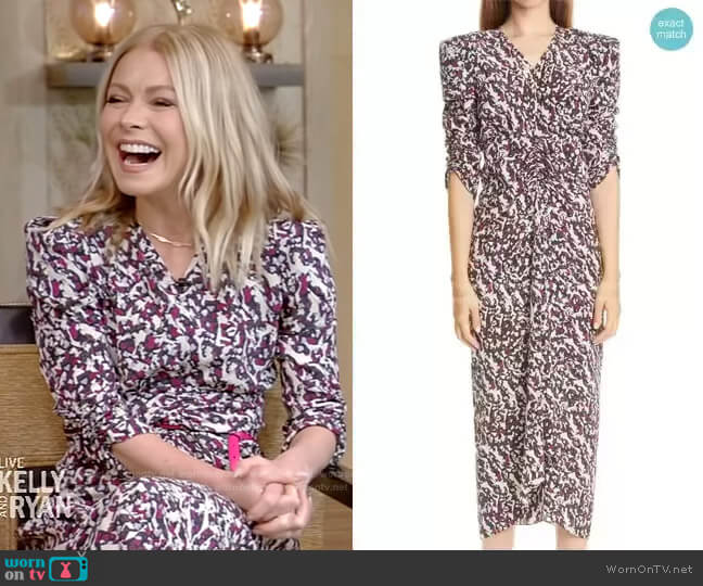 Print Ruched Ruffle Stretch Silk Midi Dress by Isabel Marant worn by Kelly Ripa on Live with Kelly and Ryan
