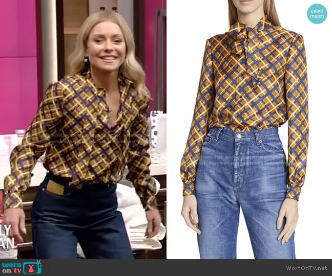 Retro Diamond-Printed Silk Blouse by Saint Laurent worn by Kelly Ripa on Live with Kelly and Mark