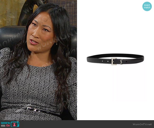 Saint Laurent Cassandre Thin Belt with Square Buckle in Lacquered Leather worn by Melinda Trask (Tina Huang) on Days of our Lives