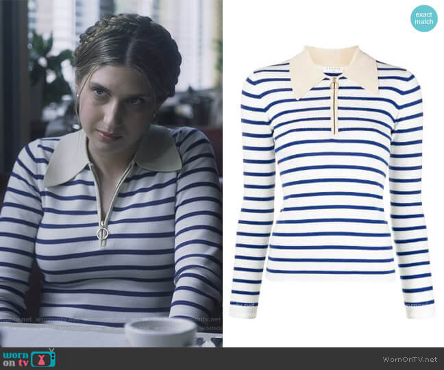 Striped Polo Long Sleeve Top by Sandro worn by Nomi Segal (Emily Arlook) on Grown-ish