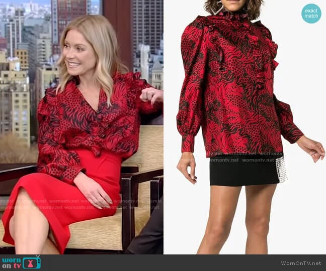 Silk Tiger Print Tie Neck Blouse by Gucci worn by Kelly Ripa on Live with Kelly and Mark