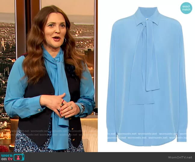 Silk-crepe tie-neck blouse by Victoria Beckham worn by Drew Barrymore on The Drew Barrymore Show