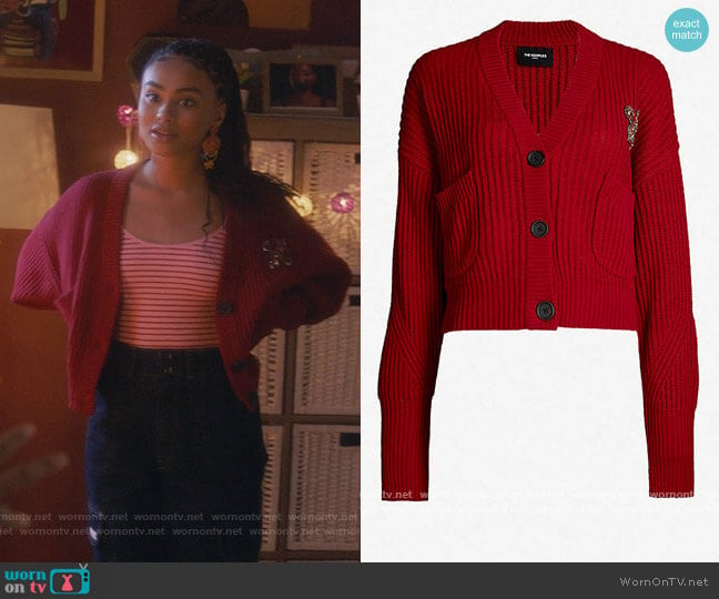 Embellished-patch wool and cashmere-blend cardigan by The Kooples worn by Daniella Perkins on Grown-ish