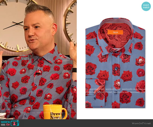 Dress Shirts Red Stretch Rose Floral Check Blue by Tallia worn by Ross Mathews  on The Drew Barrymore Show