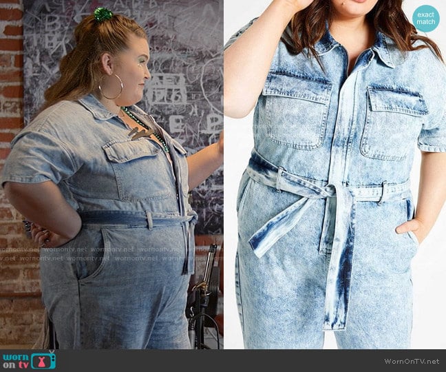 New Look Urban Bliss Curves Pale Blue Denim Acid Wash Jumpsuit worn by Felicia O'Brien (Lily Mae Harrington) on Single Drunk Female