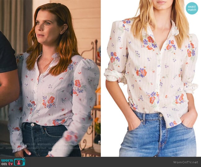 Holli Floral Puff Shoulder Blouse by Veronica Beard worn by Maddie Townsend (JoAnna Garcia Swisher) on Sweet Magnolias