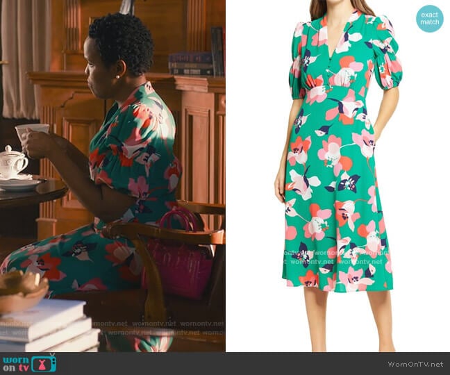 Floral Pebble Crepe Midi Dress by Vince worn by Brittany L. Smith on Sweet Magnolias