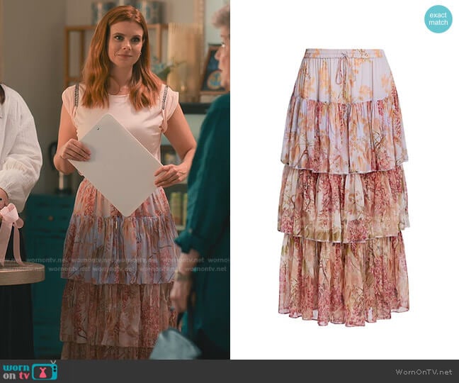 otanica Tiered Floral-Print Silk-Crepon Midi Skirt by Zimmermann worn by Maddie Townsend (JoAnna Garcia Swisher) on Sweet Magnolias