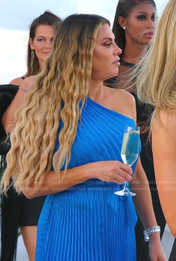 Adriana's blue pleated one-shoulder dress on The Real Housewives of Miami