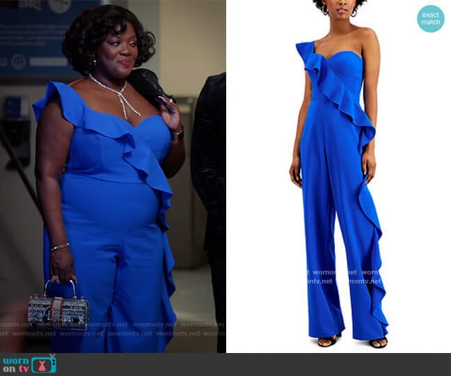 Crepe Flounce Jumpsuit by Aidan by Aidan Mattox worn by Yvette King (Heather Alicia Simms) on The Kings of Napa