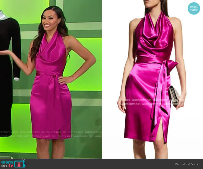 Aidan by Aidan Mattox Cowl-Neck Satin Halter Dress worn by Alexis Gaube on The Price is Right