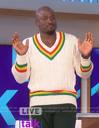 Akbar’s white cable knit sweater with stripes on The Talk