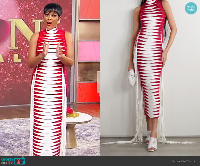 Fringed velour and stretch-knit turtleneck midi dress by Alaia worn by Tamron Hall on Tamron Hall Show