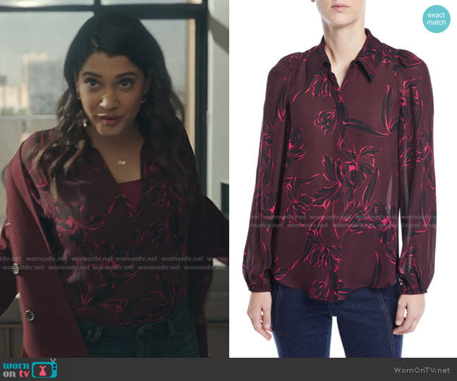 Lori Floral-Print Silk Long-Sleeve Top by A.L.C. worn by Leela Devi (Anuja Joshi) on The Resident