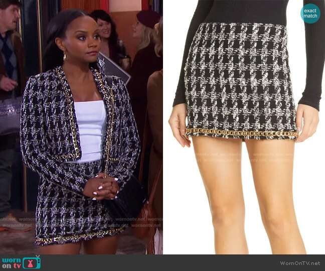 Elana Chain Detail Cotton Blend Tweed Skirt by Alice + Olivia worn by Chanel Dupree (Raven Bowens) on Days of our Lives