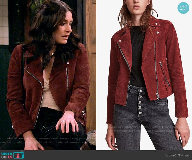 All Saints Dalby Suede Biker Jacket worn by Lori (Paget Brewster) on How I Met Your Father