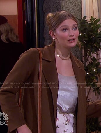 Allie’s brown jacket and pink floral skirt on Days of our Lives