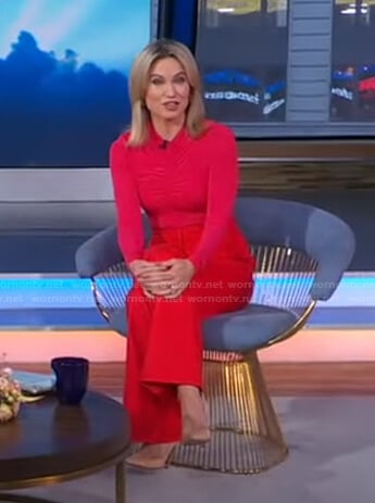Amy's red ruched top and pants on Good Morning America