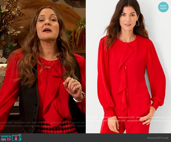 Draped Mixed Media Blouse by Ann Taylor worn by Drew Barrymore on The Drew Barrymore Show