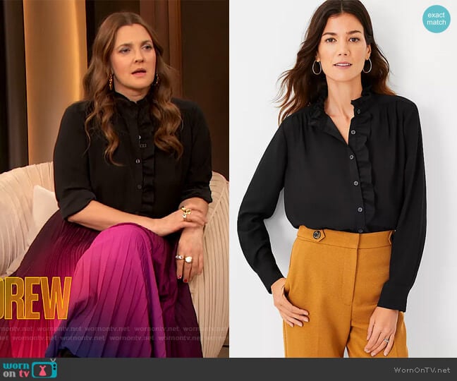 Ruffle Button Top by Ann Taylor worn by Drew Barrymore on The Drew Barrymore Show