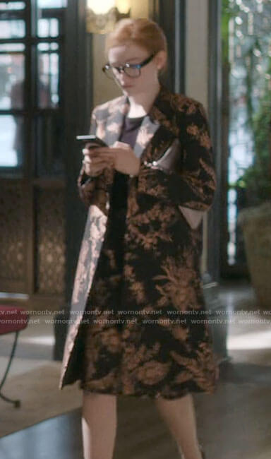 Anna’s black floral coat on Inventing Anna