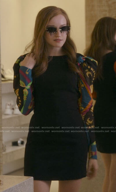 Anna’s black mini dress with printed sleeves on Inventing Anna