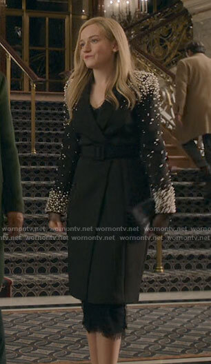 Anna's black pearl embellished coat on Inventing Anna