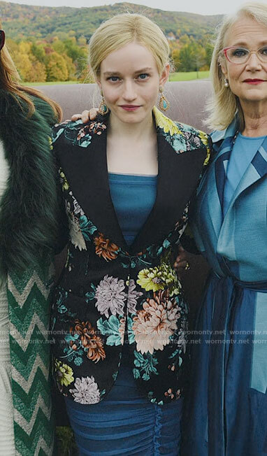 Anna's blue ruched dress and floral blazer on Inventing Anna