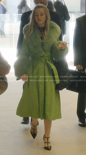 Anna's green leather coat with fur collar on Inventing Anna