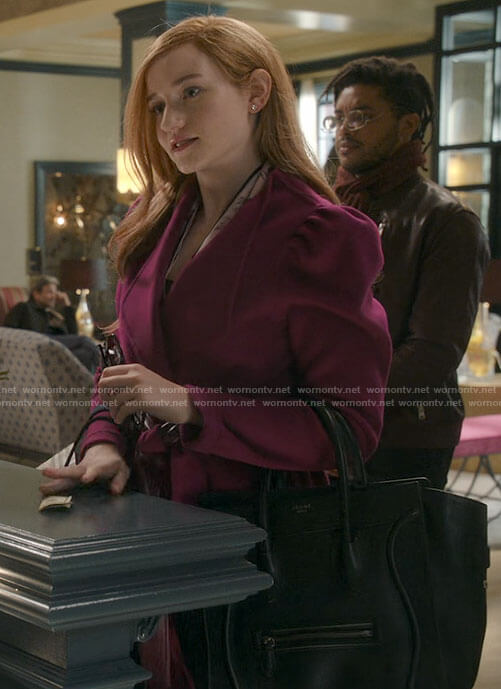 Anna's magenta puff sleeve coat on Inventing Anna