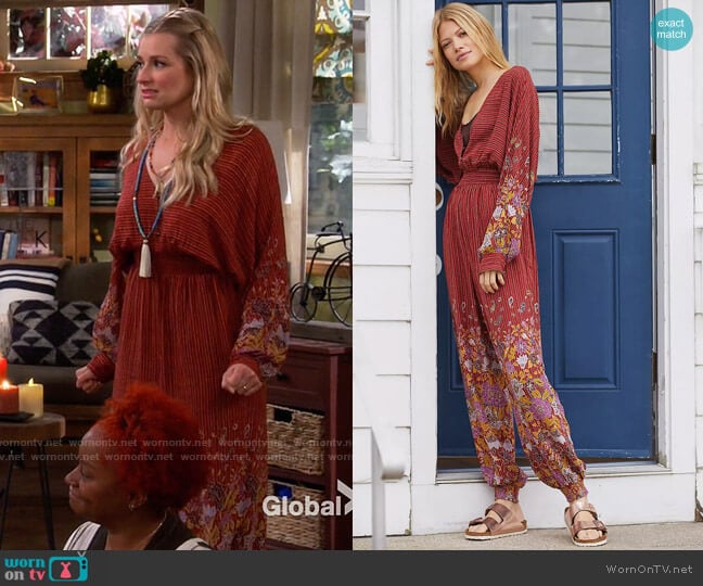 Anthropologie Breezy Open-Back Jumpsuit worn by Gemma (Beth Behrs) on The Neighborhood