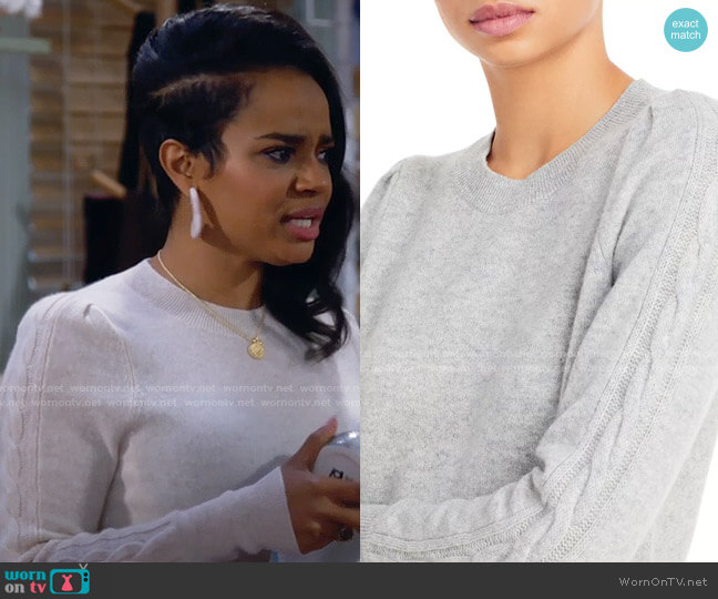 Aqua Cable Puff Sleeve Cashmere Sweater worn by Randi (Kyla Pratt) on Call Me Kat