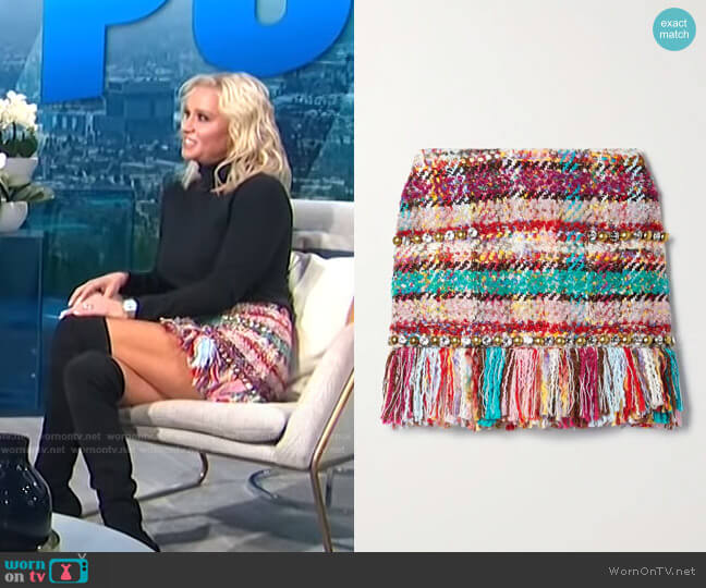 Embellished Fringed Checked Tweed Mini Skirt by Area worn by Caroline Bryan on E! News Daily Pop