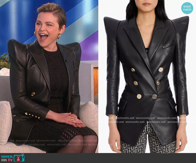 Long Double-Breasted Black Leather Blazer by Balmain worn by Ginnifer Goodwin on The Talk