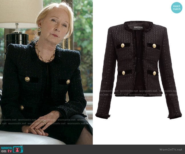 Balmain Velvet-trim Metallic-tweed Jacket worn by Nora Radford (Kate Burton) on Inventing Anna