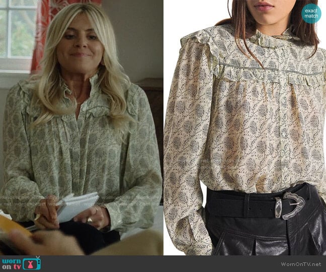 ba&sh Bora Printed Ruffled Shirt worn by Amy (Eliza Coupe) on Pivoting