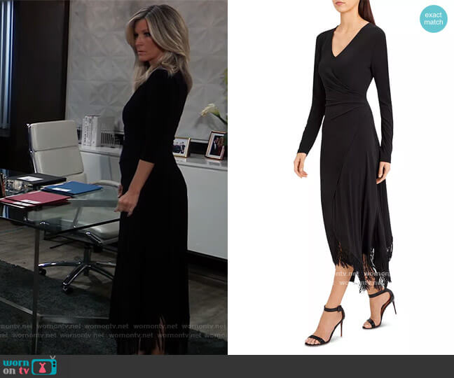 Cocktail Wrap Style Fringed Hem Dress by BCBGMAXAZRIA worn by Carly Spencer (Laura Wright) on General Hospital