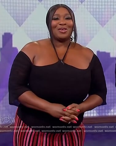 Bevy Smith’s black off shoulder halter top and striped skirt on The Wendy Williams Show