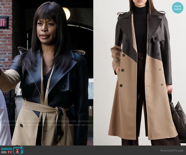 Kacy’s leather colorblock trench coat on Inventing Anna