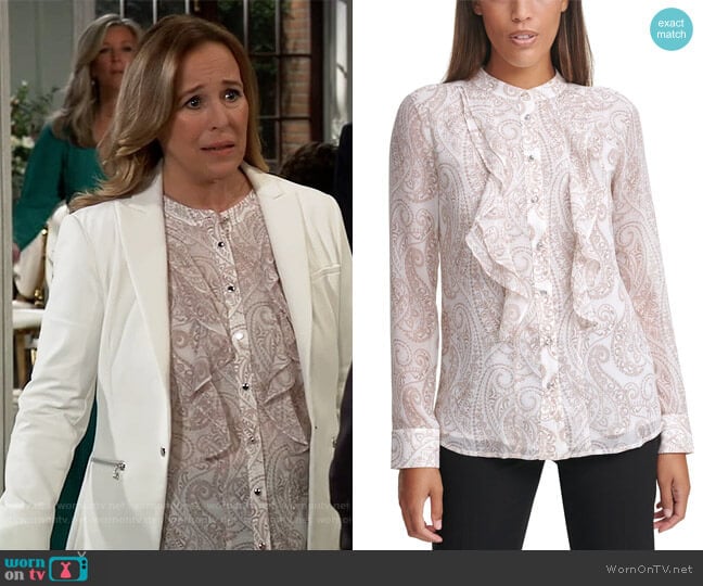 Paisley-Print Ruffle Blouse by Calvin Klein worn by Laura Collins (Genie Francis) on General Hospital