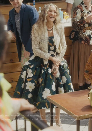 Carrie’s green floral print flare dress on And Just Like That